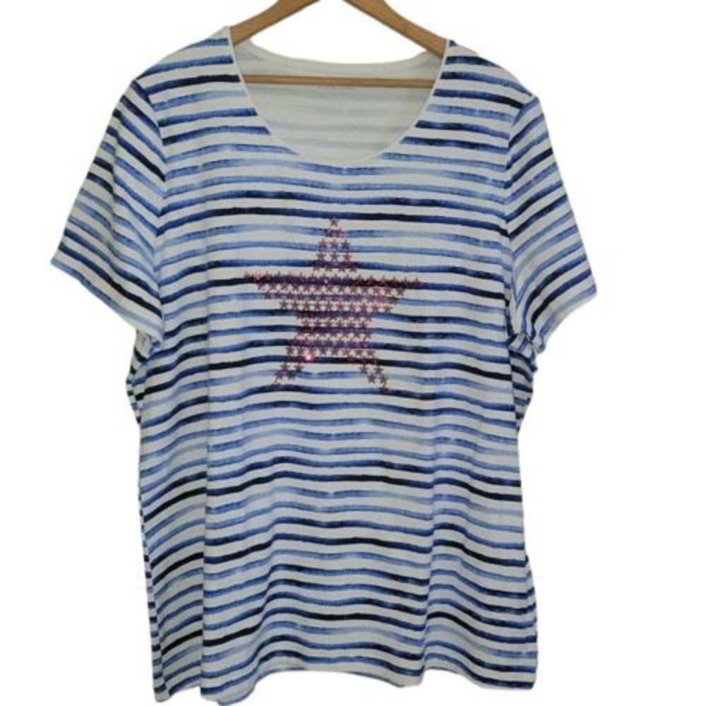 4th of july top blue white stripes red sequin stars kim rogers sz xxl nwt